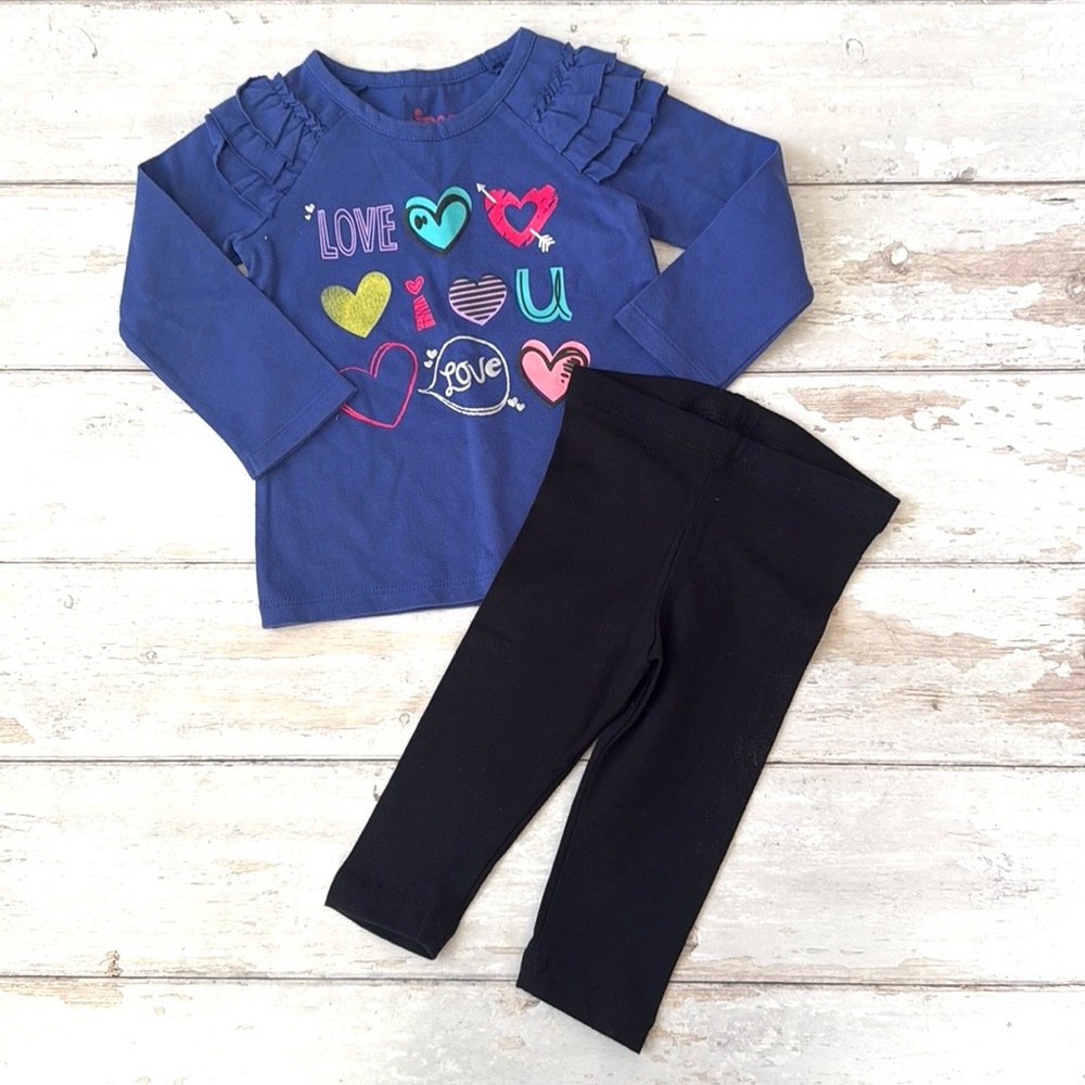 Baby Girl 12m Outfit Black Leggings Blue Long Sleeve Heart Print Shirt Kids